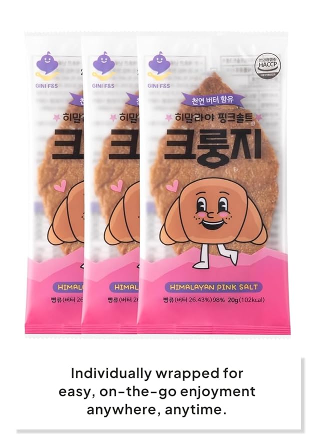 Korean Food Flat Croissant, Himalayan Pink Salt, Crispy Butter, 30 Pack | Crispy layered croissant snack with Himalayan pink salt and rich butter flavor