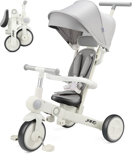 JMMD Baby Tricycle, 7-in-1 Multifunctional Kids Trike with Adjustable Parent Handle, Safety Harness & Wheel Brakes, Removable Canopy, Stroll Trike for Boys & Girls Ages 18 Months-5 Years, Gray