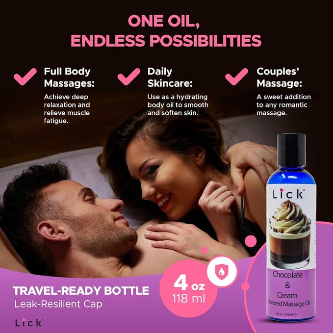 Lick Chocolate and Cream Massage Oil – Smooth Dessert-Inspired Edible Massage Oil with Almond Oil & Vitamin E, Luxurious Glide for Couples Massage, 4 oz