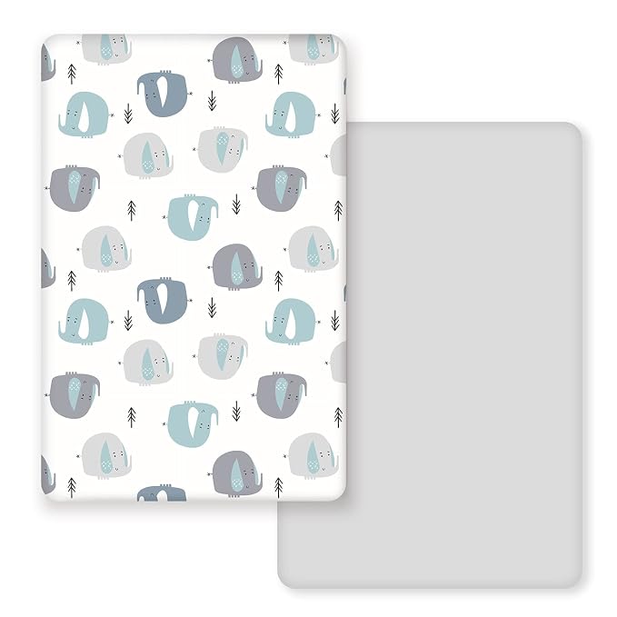 GRSSDER Stretchy Ultra Soft Jersey Knit Fitted Pack n Play Sheets Set 2 Pack, Portable/Mini Cribs Playards Sheets with Deep Pocket, Cute Elephant for Girls and Boys