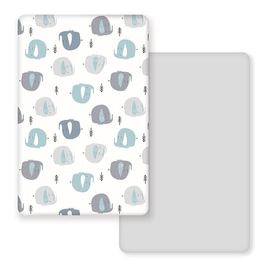 GRSSDER Stretchy Ultra Soft Jersey Knit Fitted Pack n Play Sheets Set 2 Pack, Portable/Mini Cribs Playards Sheets with Deep Pocket, Cute Elephant for Girls and Boys