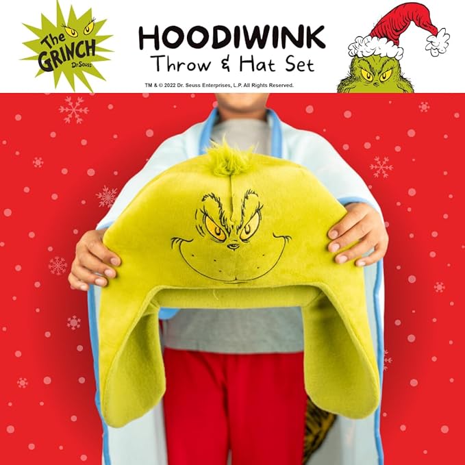 Dr. Seuss The Grinch Costume Holiday and Christmas Kids Super Soft Hooded Throw with Detachable Hat, 50"(L) X 60" (W), (Official Licensed Product) By Franco