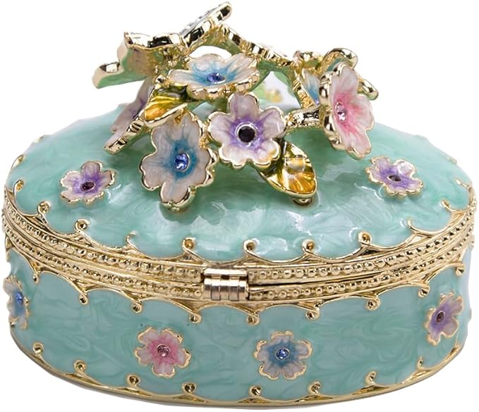 Jewelry Trinket Box Decorative Vintage Style Jewelry Organizer for Women Rhinestones Jewelry Storage Home Decor Unique Gift (Oval Blue)