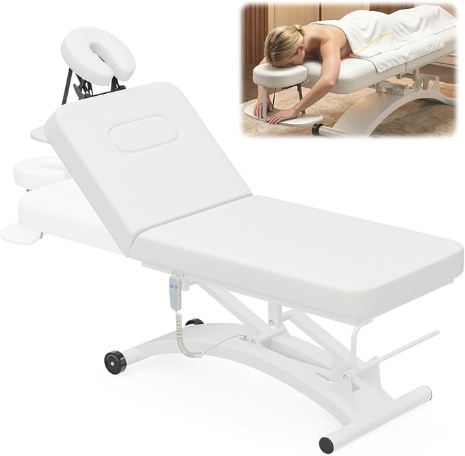 Paddie 550lbs Hi-Lo Electric Massage Table Professional, White | Hydraulic Adjustable Backrest, Adjustable Face Cradle, Rolling Wheels