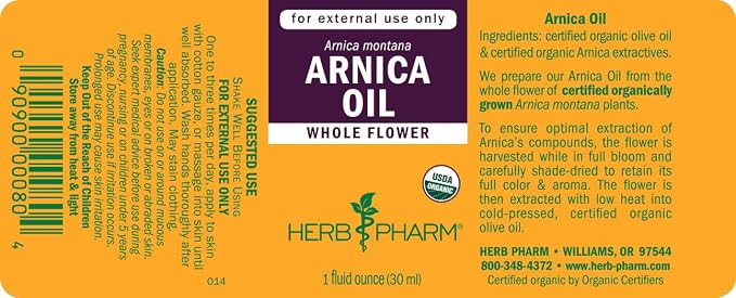 Herb Pharm Arnica Oil – USDA Organic Topical Herbal Oil for Face & Body, Whole Flower Arnica Extract for Massage & Skin Care, Non-GMO, Vegan, 1 fl oz