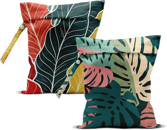 2Pcs Palm Leaves Wet Bag 12x10 Inch, Green Summer Waterproof Travel Laundry Bags, Washable Reusable Wet Dry Bag for Swimsuit Beach Diapers Dirty Yoga Gym Clothes, Plant Gifts for Women Friend