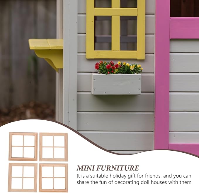 DOITOOL 4PCS Dollhouse Windows 1: 12 Scale Miniature Dollhouse Furniture Window Frame Tiny Wooden Window Models Miniature Window Frames for Dollhouse Decoration