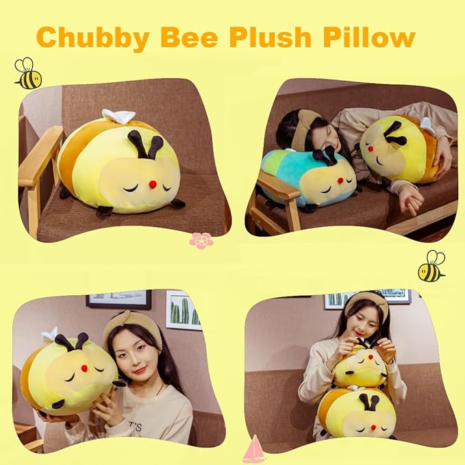 ELAINREN Cuddly Big Bee Plush Body Pillow Ultra-Soft Bumble Bee Stuffed Insect Toy Fluffy Garden Honeybee Plushie Cushion Decor Gifts/23.6''