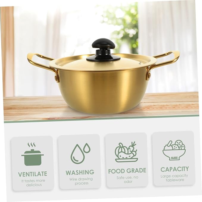 Zerodeko 1set Stainless Steel Double-handle Instant Noodle Pot for Soup and Ramen Korean Style Cooking Utensil Lid for Home Office and Camping Use