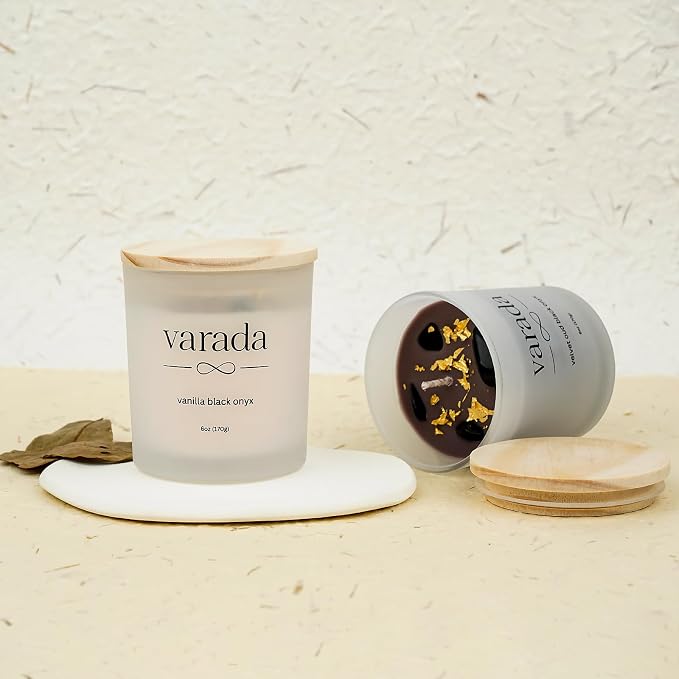 Aromatherapy Soy Candle Gift Set. 24K Gold Foil and Black Onyx -80 Hours of Clean Burn. Vanilla and Velvet Oud. Stess Relief. Relaxation. Manifestation. Birthday. Appreciation.