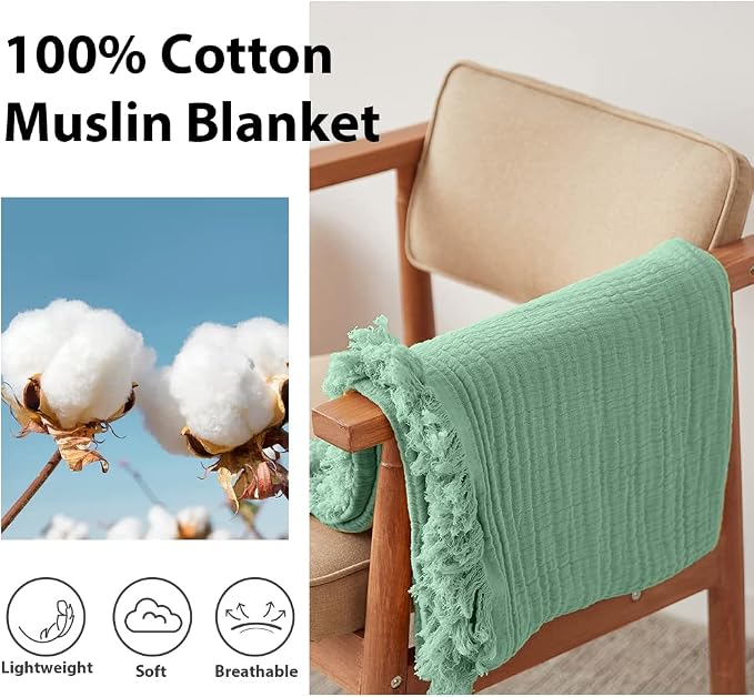Simple&Opulence Cotton Muslin Throw Blanket for Bed, Couch, Knit Woven Gauze Blanket with Tassels, Soft Lightweight Cozy Pre-Washed Breathable Farmhouse Decoration for All-Season (Mint Green)