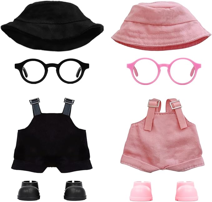 2PCS Doll Clothes Set for 17cm Dolls – Stylish Outfit with 2 Hat, 2 Overalls, 2 Shoes & 2 Glasses of Clothes Designer, Cute Clothes for Dress up Unique Style (Black+Pink) (Doll Not Included)
