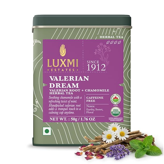 Luxmi Estates Organic Valerian Root, Chamomile, & Lavender Loose Leaf Tea 50g/1.76oz (25 cups) for Sleep | Caffeine Free Wellness Sleep Tea