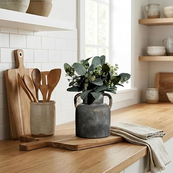 Emotionally Grounded Vase, Vaseking Ceramic Rustic Vase with 2 Handles, 6.1 inch Minimalist Decorative Farmhouse Vases for Home Decor, Living Room, Enterway, Table Decoration, Black Bronze