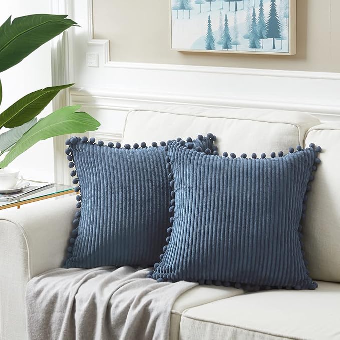 Fancy Homi Pack of 2 Dusty Blue Decorative Throw Pillow Covers 20x20 Inch with Pom-poms for Living Room Couch Bedroom, Soft Corduroy Solid Square Cushion Case 50x50 cm, Rustic Farmhouse Home Decor