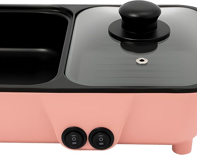 Electric Hot Pot with Grill 2 in 1 Korean BBQ Grill Indoor Cooking Electric Shabu Shabu Pot Indoor Smokeless Grill, Non-stick & Independent Dual Temperature Control (Pink+Black)