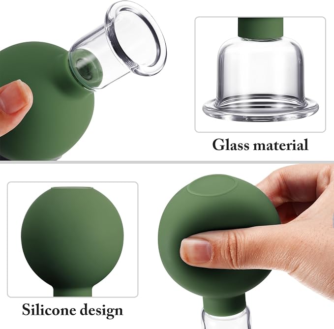 BBTO 4 Pcs Glass Facial Cupping Set Silicone Vacuum Suction Massage Cups Skin Tightening Therapy for Face Body Eyes Back Shoulder Pain(Military Green)