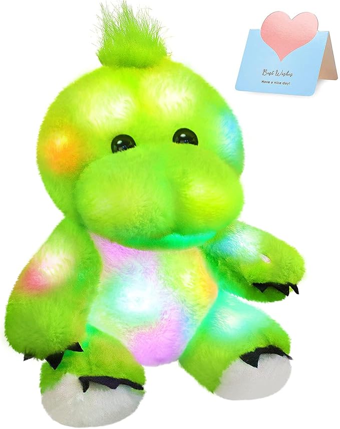 BSTAOFY 11'' Light Up Dinosaur Stuffed Animals Cute LED T-Rex Soft Plush Toy Glow in The Dark Gifts for Kids Boys Girls Valentines Birthday Holiday, Green
