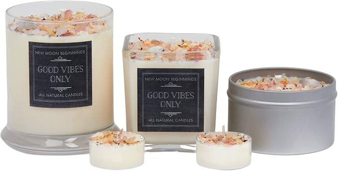 Good Vibes Only Candle by New Moon Beginnings - Negative Energy Cleansing - Soy Aromatherapy Candle - Handmade with Crystals & Herbs (12oz Round Glass Jar)