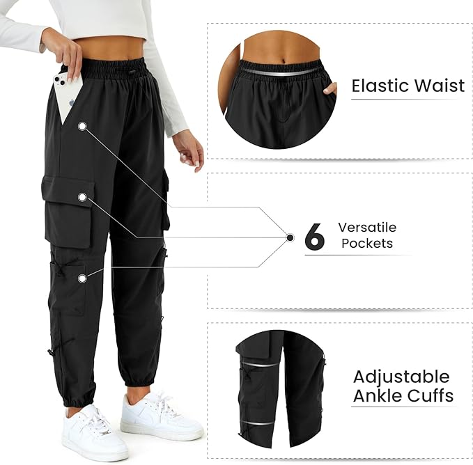 COPYLEAF Womens Parachute Cargo Pants with Pockets Quick Dry Hiking Pants Lightweight Water-Resistant Baggy Joggers