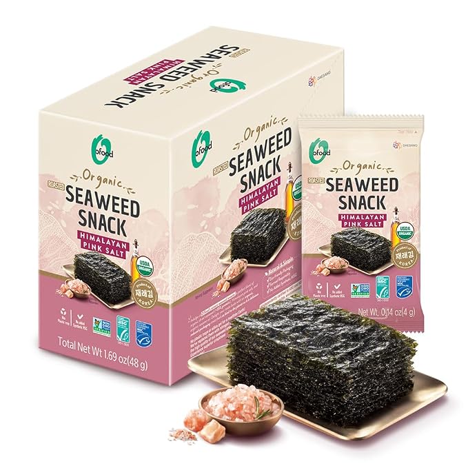 Roasted Seaweed Snack [Himalayan Salt | Pack of 12] Crispy Korean Laver Sheets | Vegan | Gluten-Free Nori | Low-Calorie | Perfect for Sushi, Rice Bowls, Snacks, Lunchboxes, Picnics, Plant-Based Korean Seaweed Chips - O’food