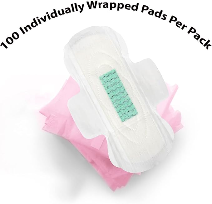 100 Bulk Pads with Wings Individually Wrapped for Women Homeless, Postpartum, Hospitals, Feminine Incontinence Menstruation Sanitary Pads for Women