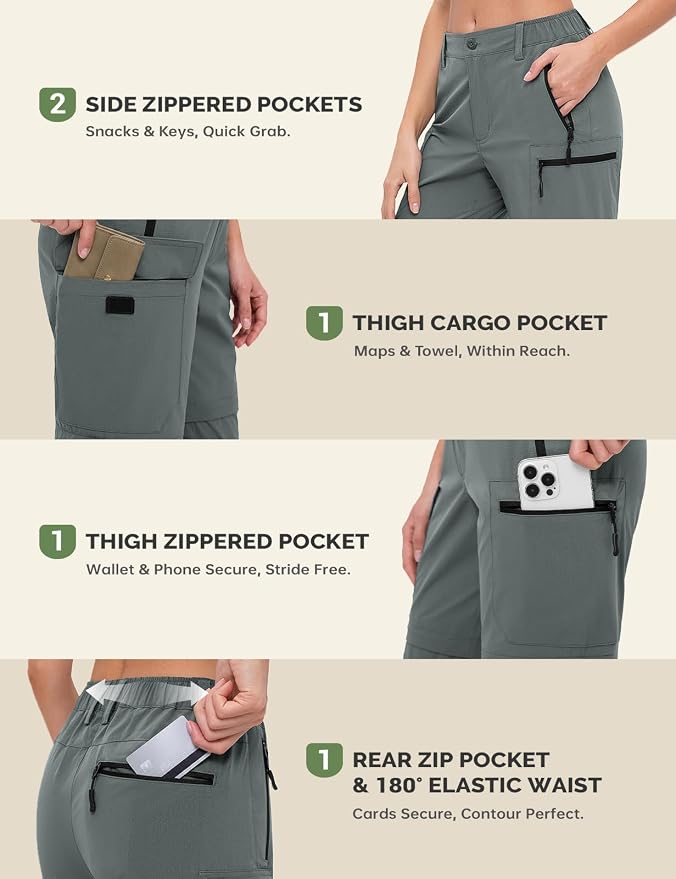 Cycorld Women's-Hiking-Pants-Convertible Quick-Dry-Stretch-Lightweight Zip-Off Outdoor Pants with 5 Deep Pockets