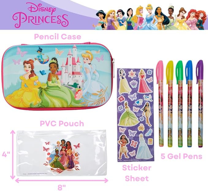 Innovative Designs Disney Princess Pencil Case Set with Stickers and Gel Pens for Kids, Molded with Zip Closure
