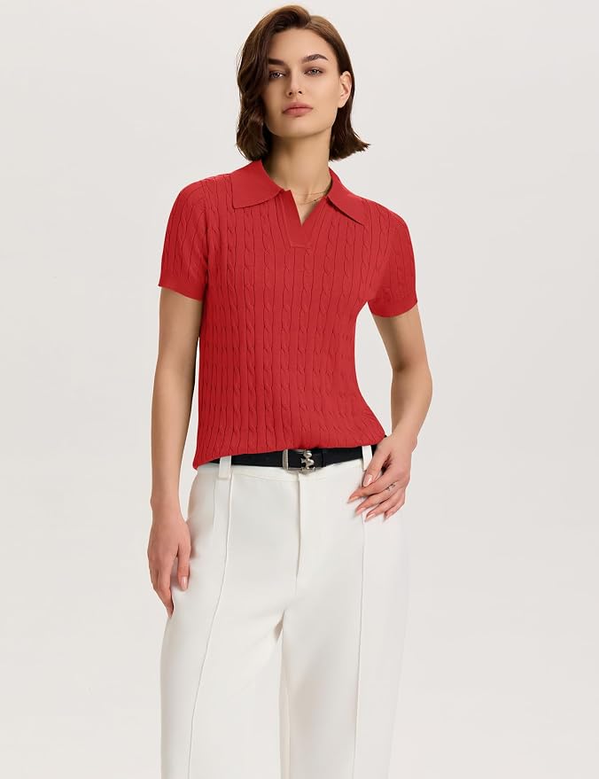 Micoson Womens Short Sleeve Sweater Tops Lapel V Neck Polo Shirts 2026 | Summer Cable Knit Loose Blouses, Business Casual Outfits