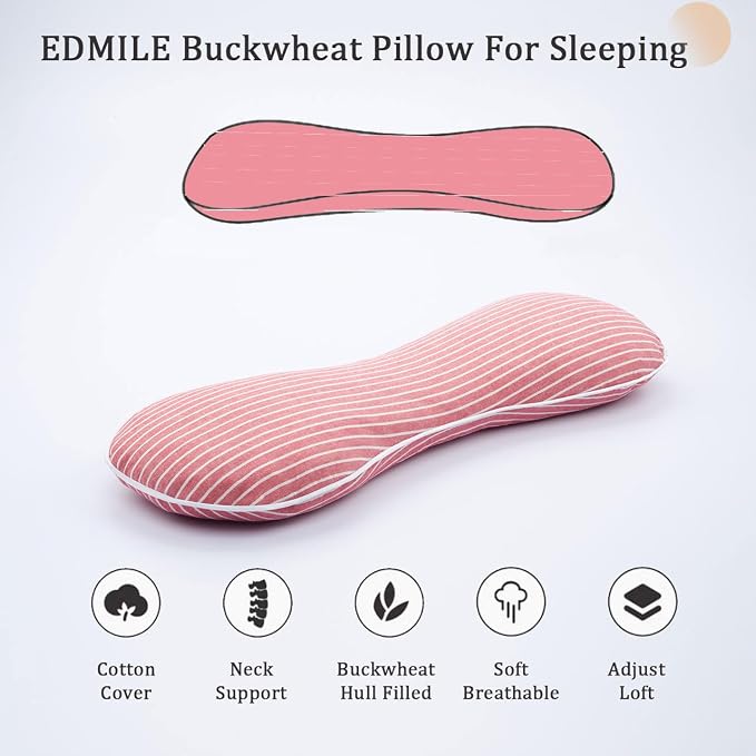 Buckwheat Pillow Cervical Neck Pillow, Buckwheat Hulls Filling Cooling Lumbar Support Pillow, Adjustable Firmness Ergonomic Design with Washable Cover, Red 19"X7"