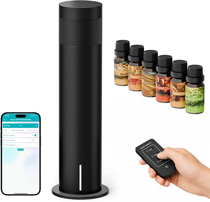 Waterless Scent Diffuser Kit - Cold Air Machine with 6 Essential Oils, Hotel Collection Smart Aromatherapy Diffuser, 1500 Sq.ft Wide Coverage for Home Large Room Office, Remote Control & Bluetooth APP