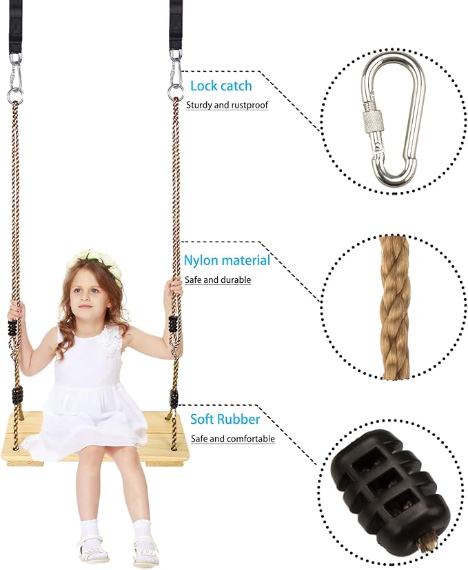 KINSPORY Wooden Swing Seat, Outdoor Swing Set Accessories for Backyard, Height Adjustable Rope with Hanging Tree Straps Kit for Porch Patio Garden Playgroud (Light Yellow)