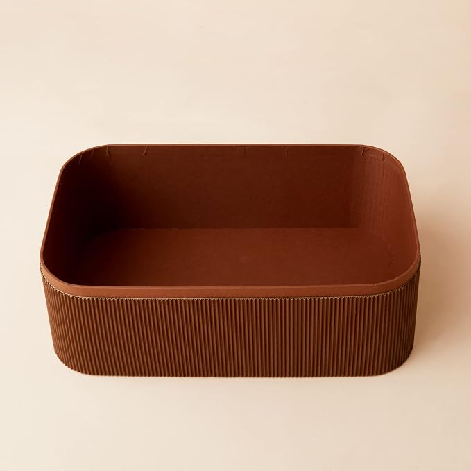 LA JOLIE MUSE Decorative Storage Boxes with Lids Faux Leather, Brown 3 Pack | Vegan Leather Lids, Fluted Cardboard Storage Basket, Organizer for Jewelry, Shelves, Bedroom & Closet Storage Memory Box