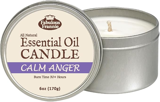 Fabulous Frannie All Natural Aromatherapy Soy Candle Travel tin Made with Pure Essential Oils 100 Hours Burn time 6oz (Calm Anger)