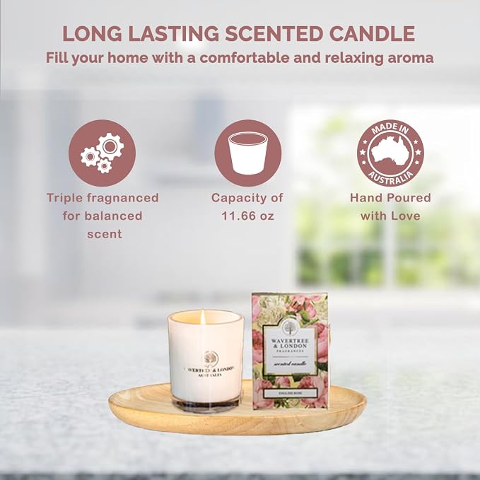 Wavertree & London Organic English Rose Scent Soy Wax Candle | Non Toxic 100% Cotton Wick Triple Scented Pure Natural Soy Wax Candles, Hand Poured in Australia | 60 Hours Burning Time, 11.66 Oz