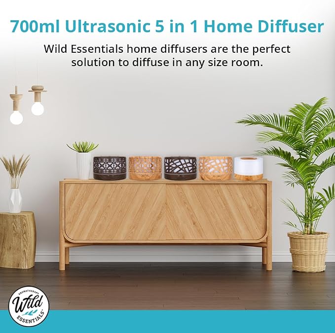 Wild Essentials 700ml Designer Large Room Essential Oil Diffuser, 5 in 1 Ultrasonic Aromatherapy Vaporizer Cool Mist Humidifier, Home, Office, Bedroom, Timer, Auto-Off, 7 Color LED (Wood and White)