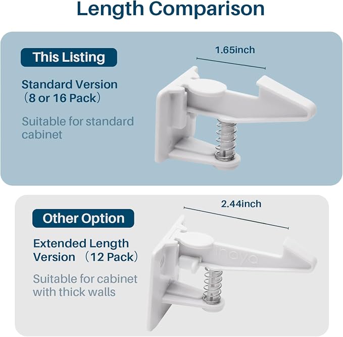 Inaya Cabinet Locks Baby Proofing (Standard Length) - Child Proof Drawer Locks - Child Safety Cabinet Latches with 3M Adhesive Easy Installation - No Drilling or Extra Screws (8 Pack)