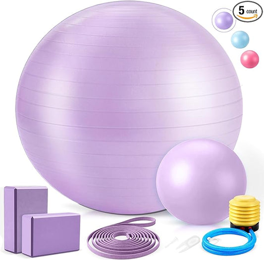 Pilates Set with 2 Yoga Exercise Balls (25.6”&9.8”), Yoga Block, Stretch Strap & Foot Pump, Stability Fitness Ball Kit for Home Gym Equipment Workout Pregnancy Physical Therapy