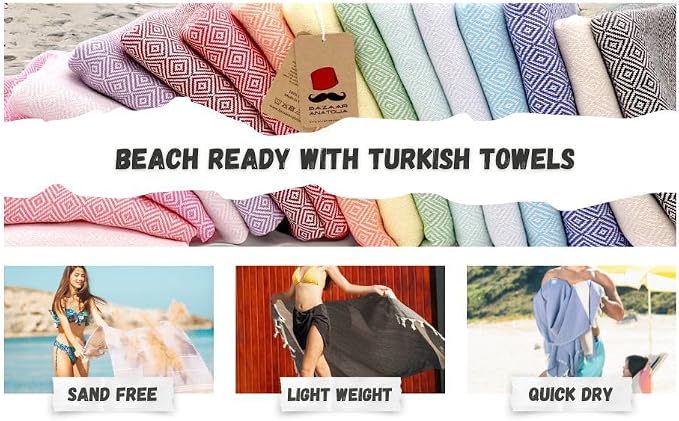 Bazaar Anatolia Turkish Bath Towel – 100% Cotton, Quick Dry, Sand Free Towel for Bathroom, Hot Tub, Decor, Cream – Oversized 71x39 Inches – Diamond Beige