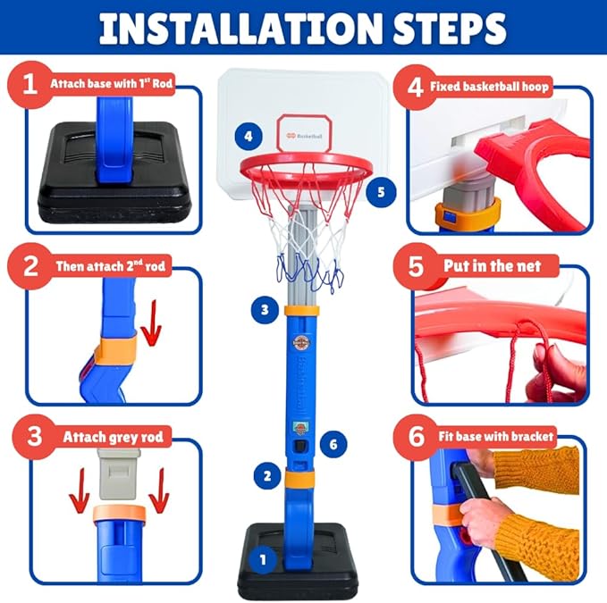 Toddler Basketball Hoop Adjustable for Kids – Indoor & Outdoor Basketball Hoop for Toddlers 1-3 with 4 Mini Basketballs, Pump, Wristband, Patches & Stable Base, Height Adjustable 2.5–5.5 Ft