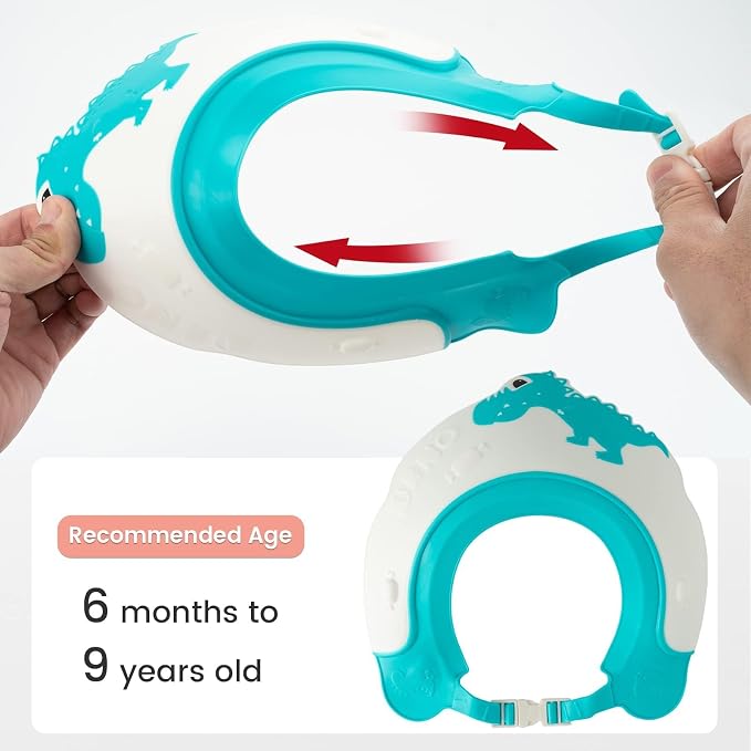 FUNUPUP Baby Shower Cap for Kids, Baby Bath Shampoo Visor Cap Hair Washing Shield Adjustable Silicone Bath Hat for Toddler Girls and Boys (Dinosaur,Blue)