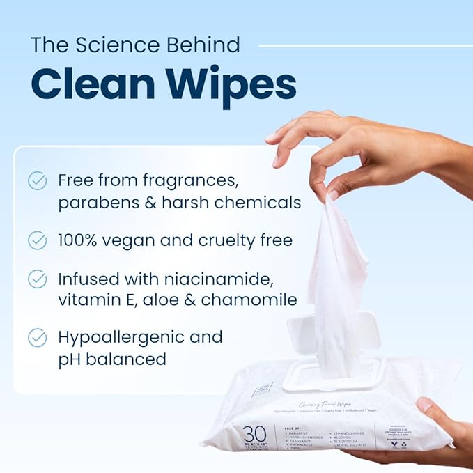 Clean Skin Club XL Premium Face Wipes, Extra Moist Makeup Removing Towelettes, Facial Cleansing Cloth, Fragrance Free, No Alcohol or Chemicals, (30 Ct, 1 Pack)