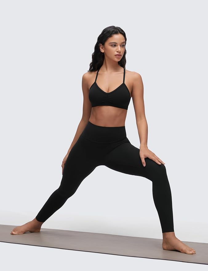 CRZ YOGA Butterluxe Ruched Sports Bras for Women - V Neck Spaghetti Thin Strap Y Back Wireless Padded Yoga Crop Top