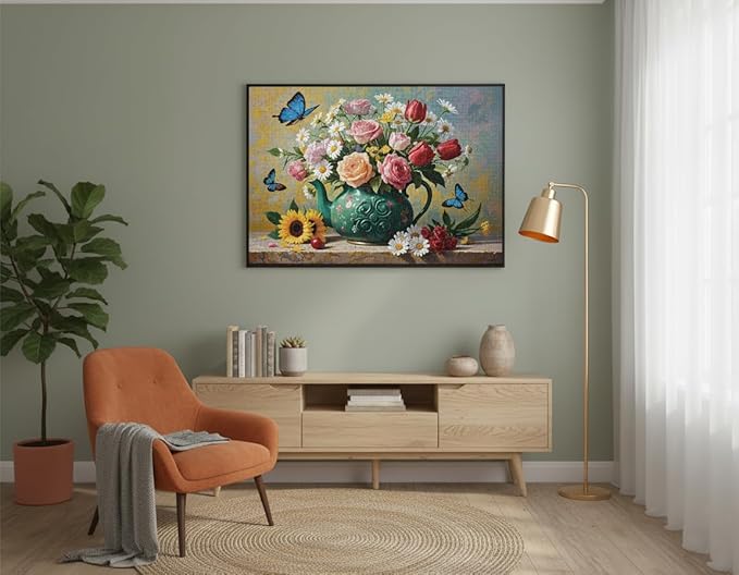 1000 Pieces Jigsaw Puzzles for Adults, Floral & Bird Series - Exquisite Nature Art & Seamless Fit, Calming Brain Teaser, Large 28" x 20", Great Gift for Garden Lovers（Blooming Teapot）