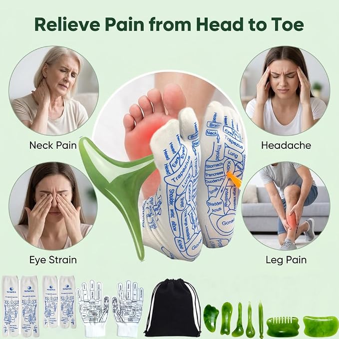 Reflexology Socks and Gloves Set with 8 Jade Massage Tools, 16 Pcs Acupressure Foot Massage Socks for Women & Men, Professional Foot Relief Massager Kit with Reflexology Chart & Bag
