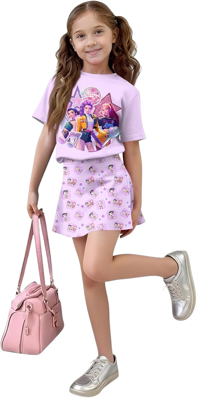 HTHLVMD K Pop Short Sleeve T-Shirt and Skirts Outfits Set for Girls Hunters Rumi Mira Zoey Graphic Tees De-Mon Costume