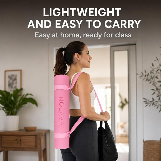 Nolava Yoga Mat with Bag – 72 x 24 inch, 1/4 inch Thick Non-Slip Mat – Includes Slap Band, Black Zippered Carry Tote with Mat Sleeve & Inner Pocket – For Yoga, Pilates, Home or Studio.
