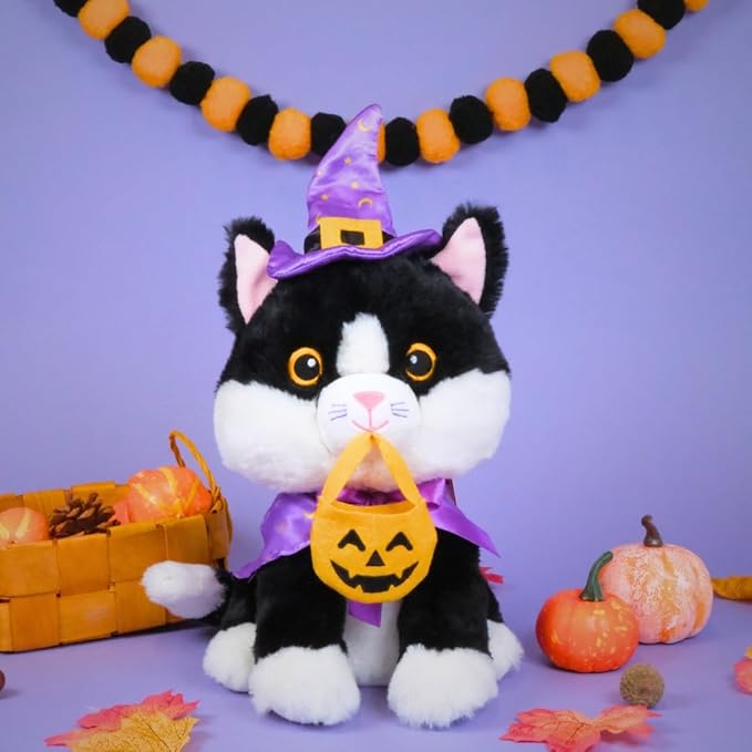Cuddle Barn - Trick-or-Treat Tammy | Animated Halloween Tuxedo Cat Stuffed Animal Plush Toy, Dressed as Witch Twirls to I Want Candy, 9 inches