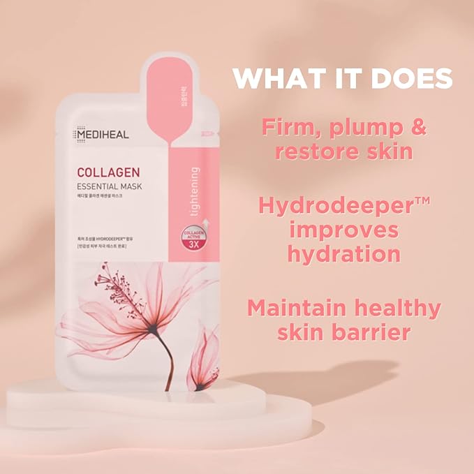 Mediheal Official Best Korean Sheet Mask - Collagen Essential Face Mask 10 Sheets Lifting and Firming For All Skin Types Value Sets