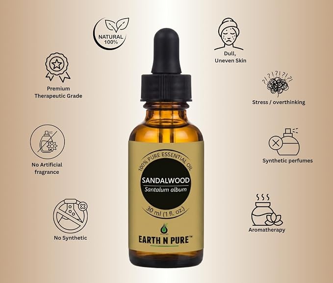 Earth N Pure Sandalwood (Chandan Oil) Essential Oil for Skin- Natural and Therapeutic Grade with Glass Dropper - 30 ml